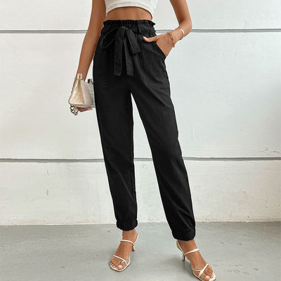 Women's Fabric Pants with Elastic Waist and Tie Belt