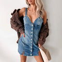 Button Placket Denim T-Shirt Dress for Women