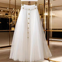 Chic Long Skirt with Button Accents and Shimmering Waistband