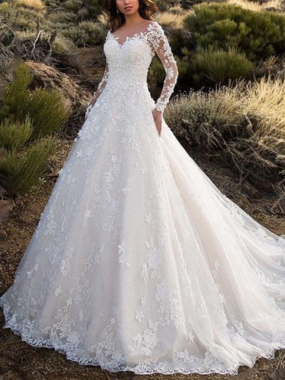 Lace-Embellished Women's Wedding Dress with Flowing Skirt