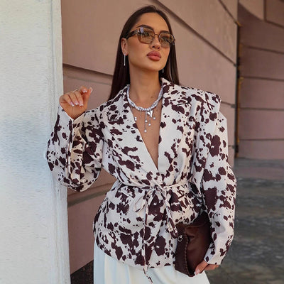 Chic Blazer Jacket with Knot Closure & Animal Print Design