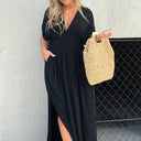 Chic Women's Maxi Dress with Deep V-Neck & Side Pockets