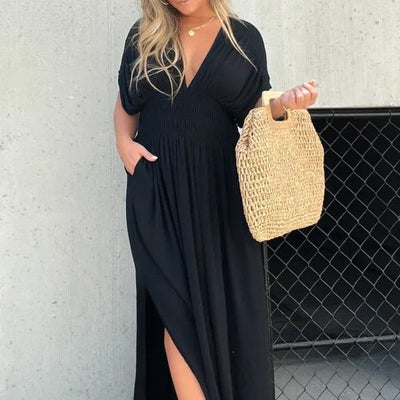 Chic Women's Maxi Dress with Deep V-Neck & Side Pockets