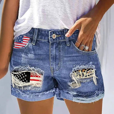 Chic Women's Denim Shorts with USA Graphic and Distressed Accents
