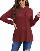 Women's Long Sleeve Blouse with Asymmetrical Collar & Button Trim