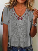 Floral Embroidered Women's Short Sleeve Blouse with Button Accents