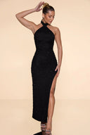 Glamorous Halter Neck Evening Dress with High Slit