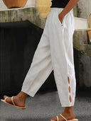 Chic Linen Pants with Side Slits and Elastic Waist