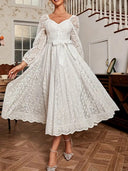 Ladies Lace Midi Dress with Puff Sleeves and Waist Tie