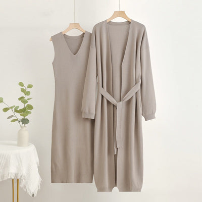 Chic Women's V-Neck Dress and Cardigan Set