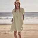 Chic Women's Beach Shirt Dress with Button Placket & Pockets