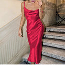 Stylish Satin Midi Dress with Spaghetti Straps and Flowing Design