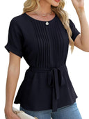 Chic Pleated Blouse with Waist Belt for Women