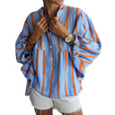 Women's Striped Blouse with Wide Sleeves and Button Closure