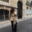 Chic Women's Blazer Jacket with Waist Belt & Contrast Stitching