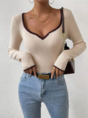 Women's V-Neck Long Sleeve Bodysuit with Stylish Contrast Accents
