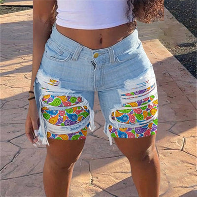 Chic Women's Denim Shorts with Vibrant Prints and Fringe Detail
