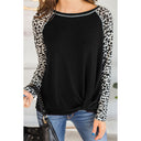Chic Women's Long Sleeve Blouse with Leopard Print Sleeves and Knot Accent