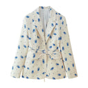 Floral Pattern Blazer Jacket with Adjustable Belt for Women