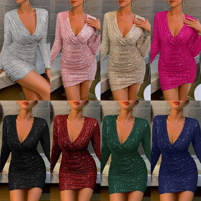 Chic Mini Dress with Deep V-Neck and Long Sleeves