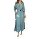 Women's Linen Maxi Dress with Button Placket and Side Slits