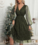 Glamorous Midi Dress with Sheer Puff Sleeves and Sequin Design