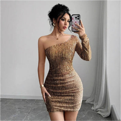 Sparkling Asymmetrical Strap Cocktail Dress for Women