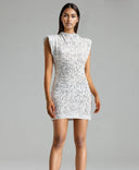 Sequin Mini Dress with Stand Collar and Shoulder Pads