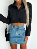 Women's Cropped Blouse with Stylish Collar and Glossy Design