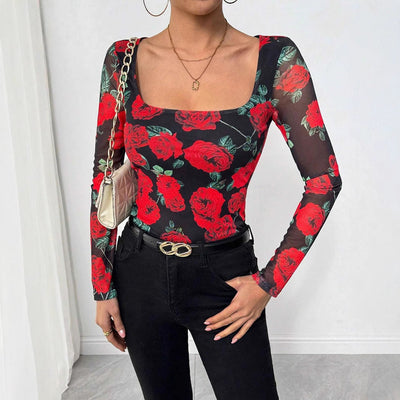 Floral Print Women's Long Sleeve Blouse with Sheer Sleeves