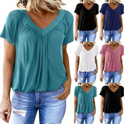 Women’s Airy V-Neck Blouse with Pleats & Short Sleeves