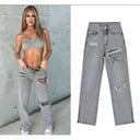 Trendy High-Waisted Ripped Jeans with Fringes for Women