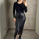 Chic Women's High-Waisted Faux Leather Skirt with Button Design and Slit