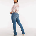Women's High-Waist Bootcut Jeans with Chic Button Accents