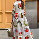 Checkered Long Sleeve Dress with Floral Embroidery