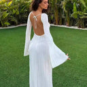 Chic Women's Midi Dress with Deep Back Cut and Striped Design