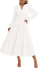 Chic Women's Maxi Dress with Button Details and Flowing Sleeves