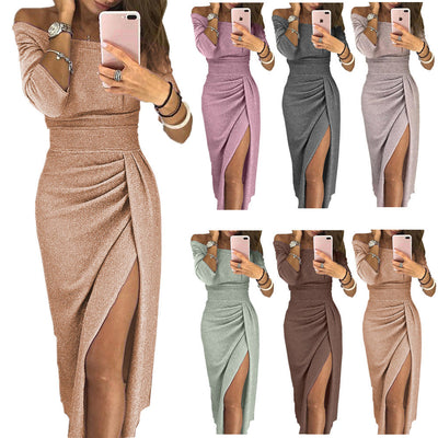 Chic Off-Shoulder Midi Dress with Shimmering Fabric