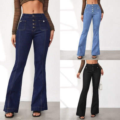 High-Waisted Flared Jeans with Chic Button Accents