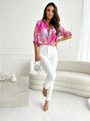 Vibrant Animal Print V-Neck Women's Blouse