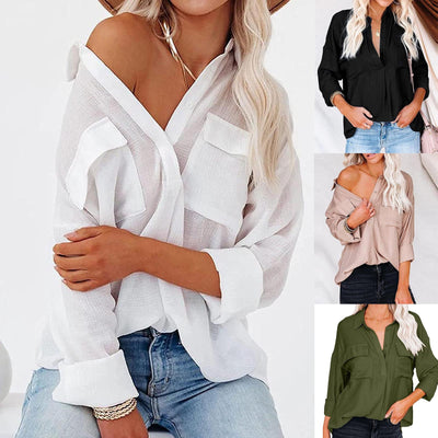 Chic Women's Blouse with Chest Pockets & Rolled Sleeves