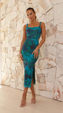 Stylish Midi Dress with Side Slit and Shoulder Straps