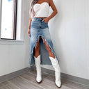 Trendy Asymmetrical Denim Skirt with Fringed Hem