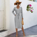 Chic V-Neck Midi Dress with Adjustable Waist Tie