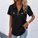 Trendy Short Sleeve Blouse with Zipper and Pockets