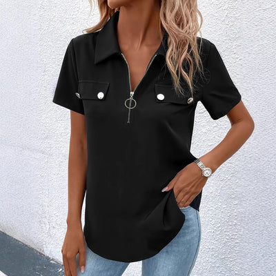 Trendy Short Sleeve Blouse with Zipper and Pockets