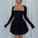 Chic Women's Short Sleeve Evening Dress with Deep Neckline and Flowy Skirt
