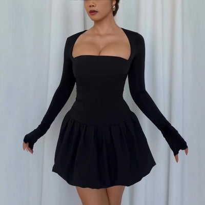 Chic Women's Short Sleeve Evening Dress with Deep Neckline and Flowy Skirt