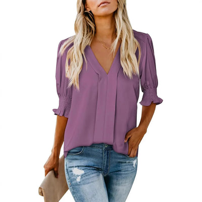 Chic V-Neck Blouse with Ruffled Sleeves and Pleats