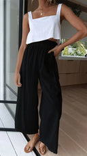 Chic High-Waisted Palazzo Pants with Elastic Waistband and Side Pockets